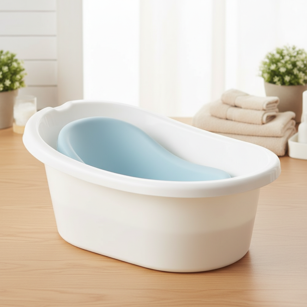 Safe white and blue infant bathing tub in a warm studio setting
