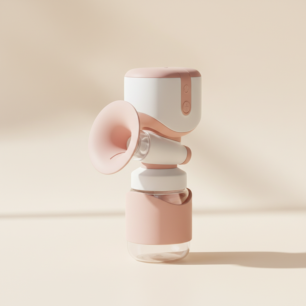 Compact white and pink breast pump in a warm studio setting