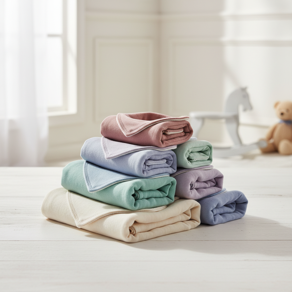 Soft pastel baby dribble bibs in a warm studio setting