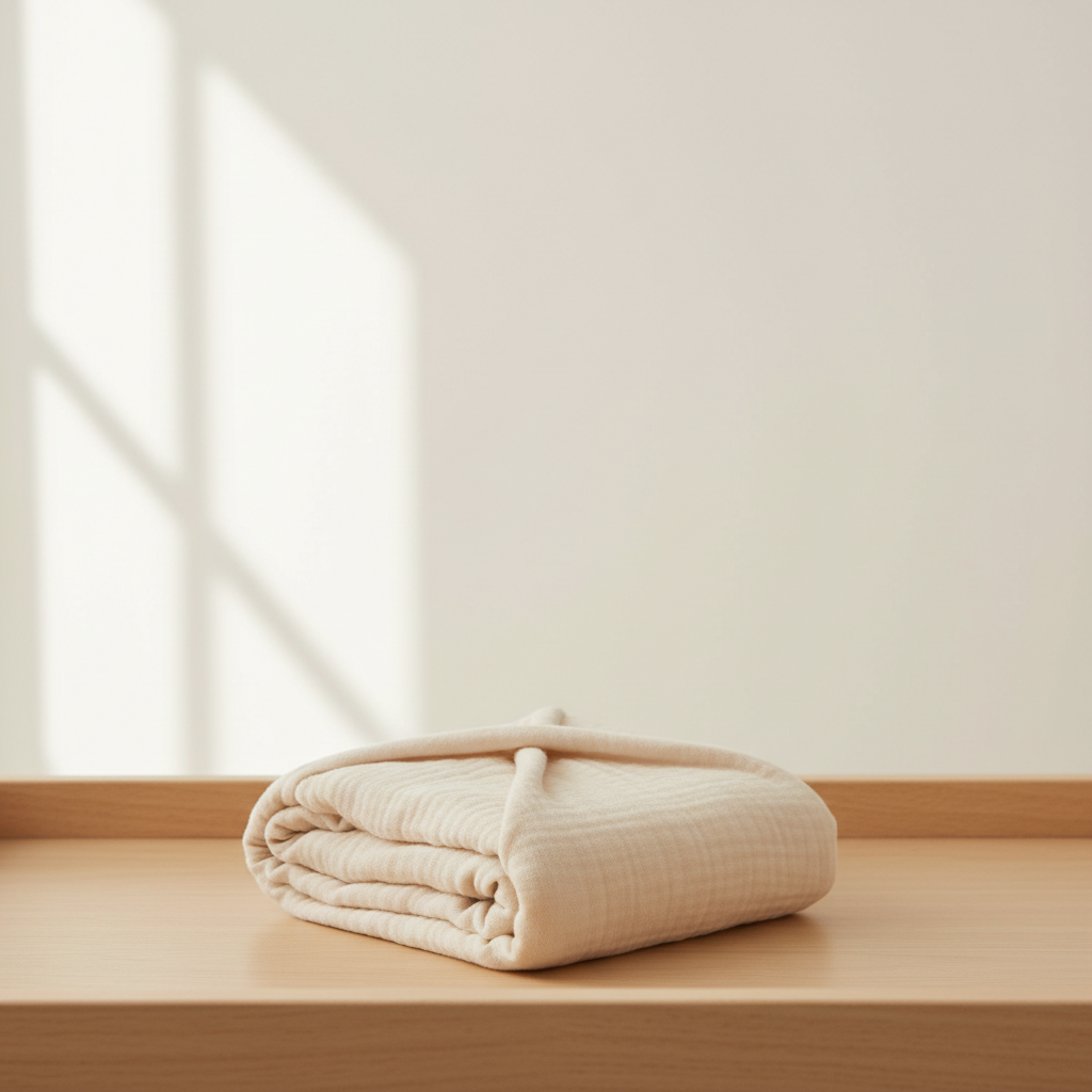Soft neutral newborn swaddle in a warm studio setting