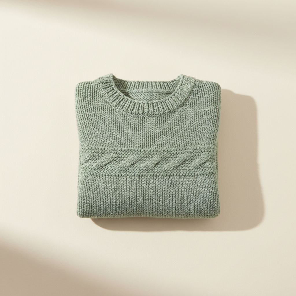 Cozy sage green baby sweater in a warm neutral studio setting
