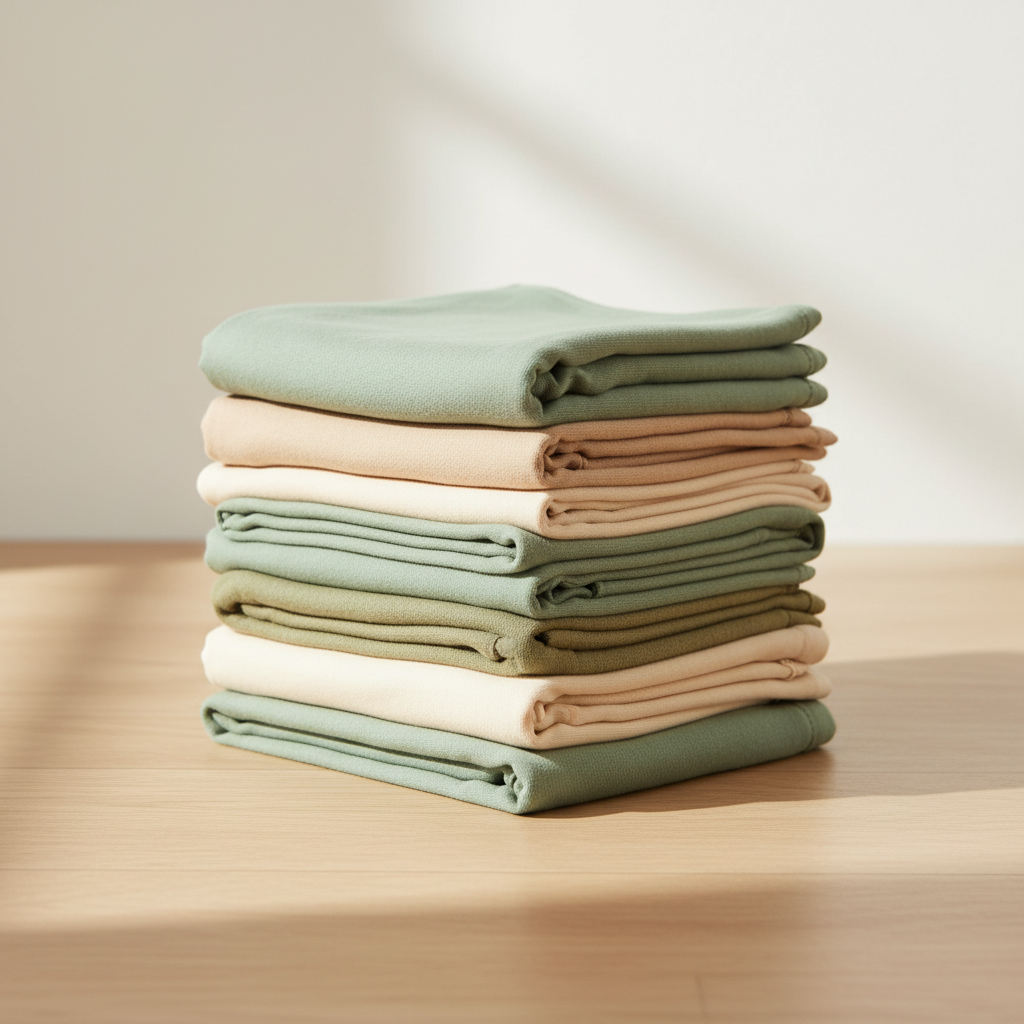 Soft neutral baby burp cloths in a warm studio setting